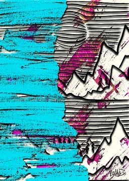 Abstrakte Collage Berge Türkis Pink Line Art von KalliDesignShop