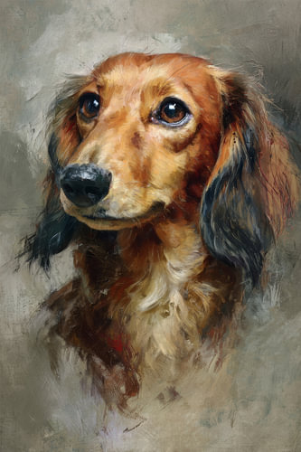 Long-haired dachshund bathed in a warm golden glow