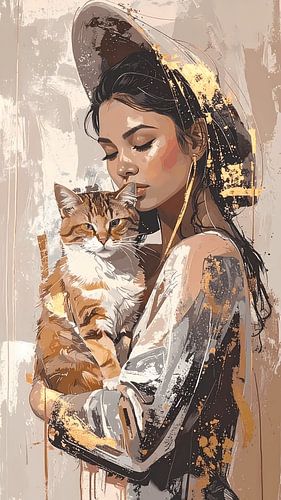 Vrouw met kat - hoog en smal - goud met beige
