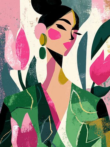 A stylish woman among pink tulips