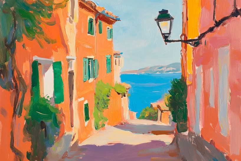 Bunte Gasse mit Meerblick – Mediterran von Poster Art Shop
