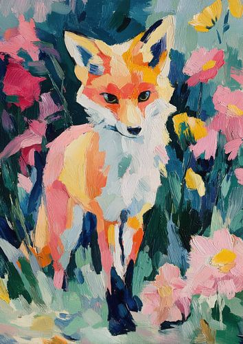 Fox in flowers - Impressionist oil painting