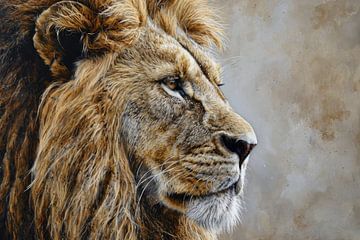 Elegant portret van een leeuw in beige tint van Digitale Schilderijen