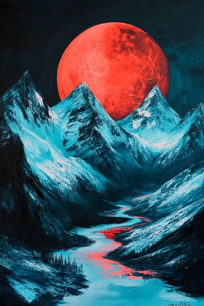 Roter Mond über schneebedeckten Bergen von Poster Art Shop