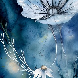 Bleu XIV - fleur blanche dans le bleu de la nuit sur Lily van Riemsdijk - Art Prints with Color