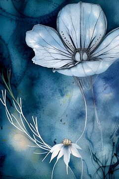 Blauw XIV - witte bloem in blauw van de nacht van Lily van Riemsdijk - Art Prints met Kleur