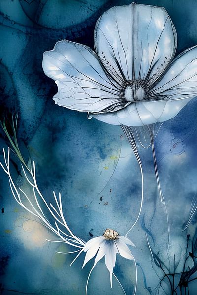 Blauw XIV - witte bloem in blauw van de nacht van Lily van Riemsdijk - Art Prints with Color