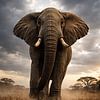 Le géant des plaines africaines – un éléphant majestueux qui avance lentement et imperturbablement à travers le paysage doré de la savane sous un ciel menaçant. sur Design Wall Arts
