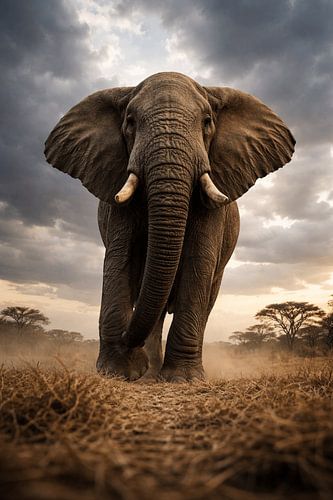 De reus van de Afrikaanse vlaktes – een majestueuze olifant die langzaam en onverstoorbaar door het gouden savannelandschap onder een dreigende hemel schrijdt