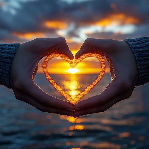 handen die een hart vormen rond een zachte, warme zonsondergang aan de horizon