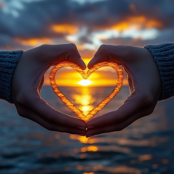 hands shaping a heart around a soft, warm sunset on the horizon by de-nue-pic