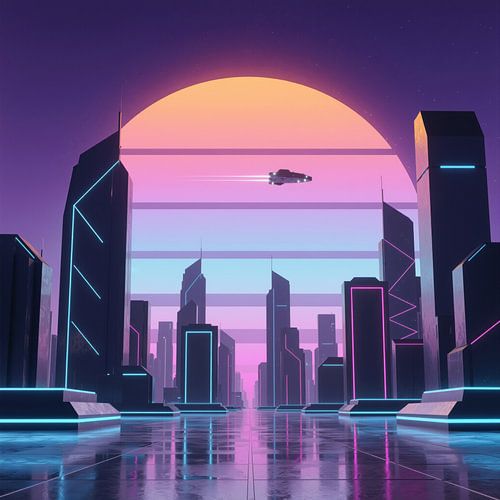 Futuristisch stadslandschap met vliegend voertuig, neonlichten en zonlicht