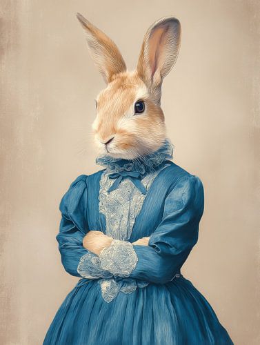 Portrait vintage d'un lapin en robe bleue