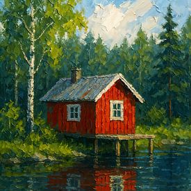 Red wooden house by the lake (AI) (cabin, tiny house, Scandinavia, nature, forest, peace and quiet) by Natalie Bruns