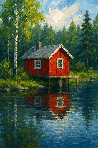 Rode houten huis aan het meer (cabin, tiny house, Scandinavië, natuur, bos, rust, Zweden, Noorwegen, Finland, dikke verf, schilderij, zen)