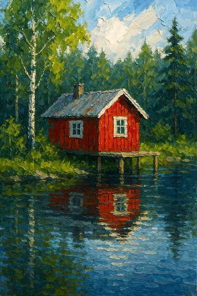Maison en bois rouge au bord du lac (AI) (cabane, tiny house, Scandinavie, nature, forêt, calme) par Natalie Bruns
