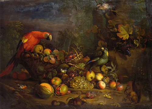 Papegaaien en fruit met andere vogels en een eekhoorn, Tobias Stranover