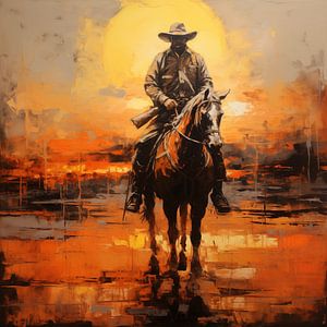 Cowboy sur un cheval coucher de soleil abstrait