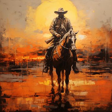 Cowboy on a horse abstract sunset by The Xclusive Art