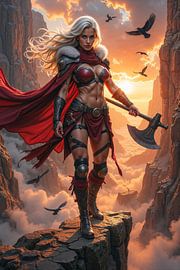 VALTHERION – Die Kriegerin auf dem Gipfel im Licht des Sonnenuntergangs