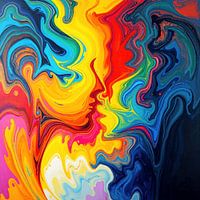 Between warmth and coolness - abstract faces in the moment before the kiss, fused in colours of passion and mystery