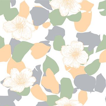 Blumen im Retro-Stil. Moderne abstrakte botanische Kunst. Pastellfarben grün, grau, orange von Dina Dankers