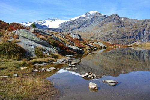 Reflection Lac Blanc mountain lake in Parc Vanoise French Alps