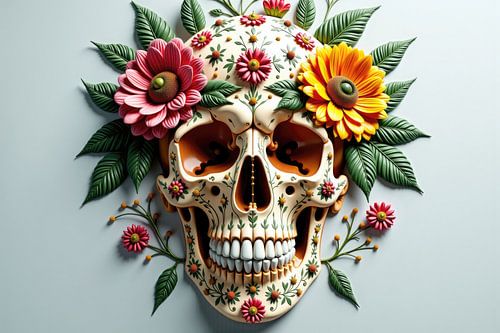Suikerschedel omringd door kleurrijke bloemen en bladeren om te vieren