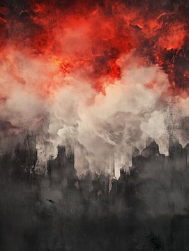 Vurige wolken boven een donker landschap van artefacti
