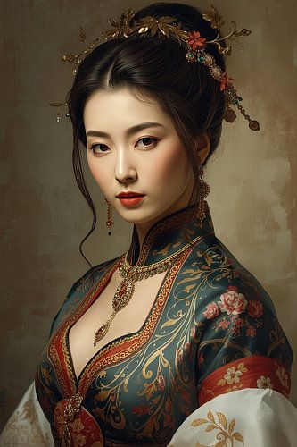 Originele Tibetaanse vrouw in traditionele kleding en juwelen uit de 18de eeuw.