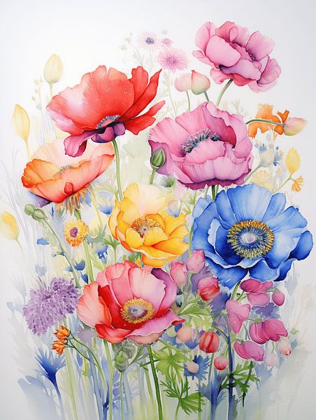 Anemonen Blumen Strauß Natur Kunst Aquarell Minimalismus von gm_designs