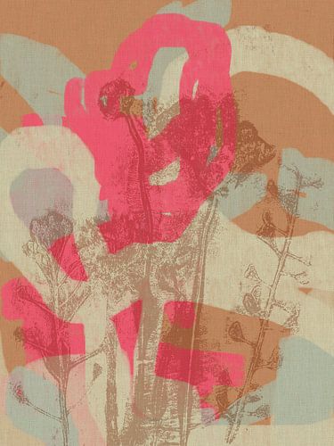 Kleurrijke botanische kunst in neonroze, bruin, wit, blauw. Monotypes weidebloemen.