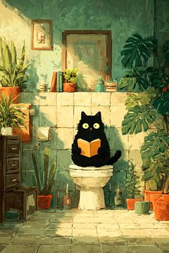 Zwarte kat leest op het toilet