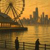 Navy Pier in der Abenddämmerung: Centennial Wheel und Skyline von Chicago von Travel Shop