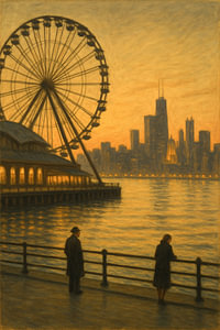 Navy Pier in der Abenddämmerung: Centennial Wheel und Skyline von Chicago