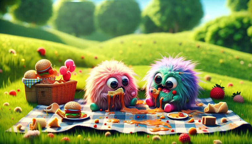 Leuke picknick voor twee monsters in de zon van artefacti