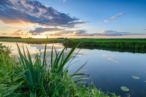 Zonsondergang in de zomer in een landelijk landschap met water 