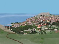 Blick auf Molyvos, Burg, Lesvos, Griechenland, Insel, Mittelmeer.