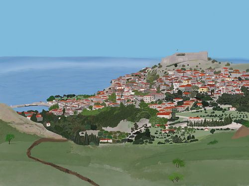 View of Molyvos, Castle, Lesvos, Greece, Island, Mediterranean Sea.