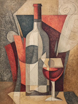 Composition abstraite représentant une nature morte avec une bouteille de vin et un verre
