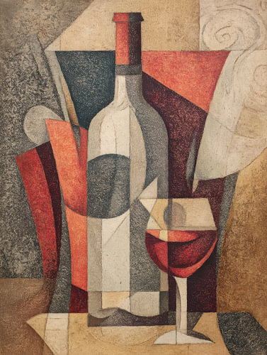 Abstract wine bottle and glass still life composition