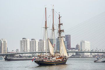Driemaster voor de Erasmusbrug en de skyline van Rotterdam