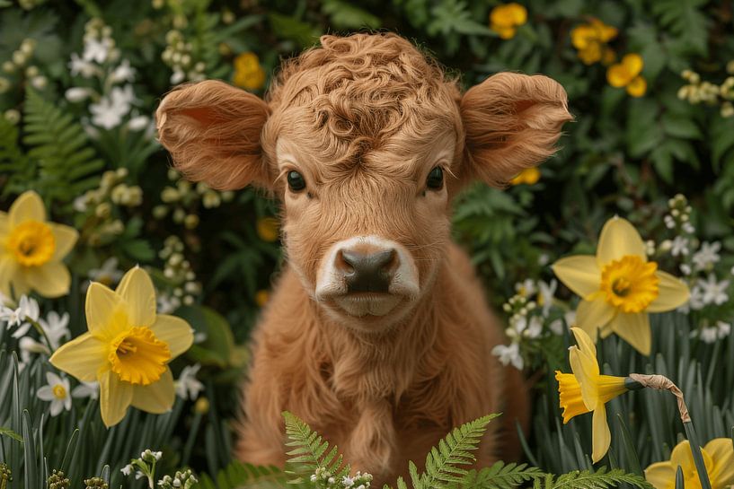 Lentekalf in een narcissenveld - Een vleugje plattelandsleven voor je huis van Poster Art Shop