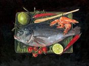 Doradenfisch mit Garnelen, Chili und Limette in Ölgemälde von Astridsart Miniaturansicht