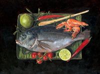 Doradenfisch mit Garnelen, Chili und Limette in Ölgemälde