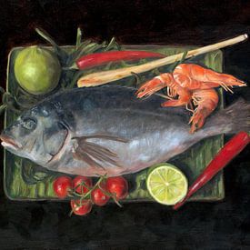 Doradenfisch mit Garnelen, Chili und Limette in Ölgemälde von Astridsart