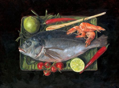 Dorade vis met garnalen, chili en limoen in olieverf
