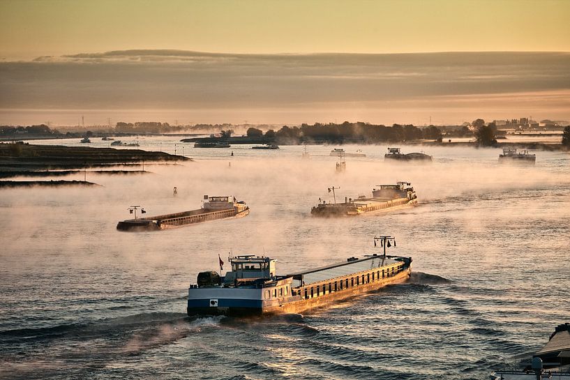 Barges on the river Waal near Nijmegen by Frans Lemmens