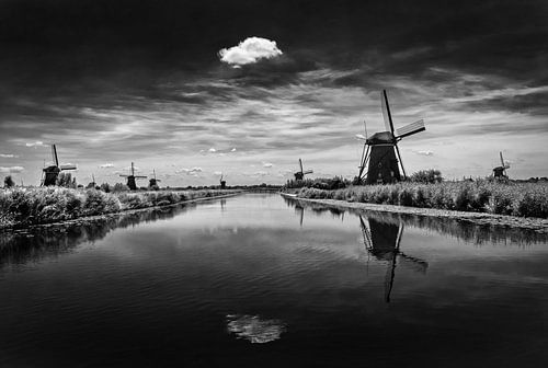 Typical Dutch landscape with windmills in black and white