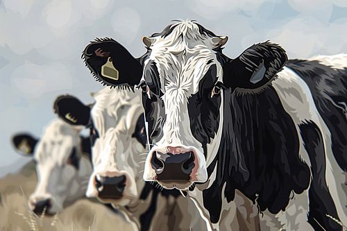 Close-up van zwart-witte koeien in landschap